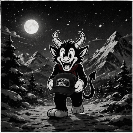 Krampus läuft durch die Berge und reicht eine Dirty Horns Cap
